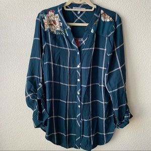 Figuerca & Flower Womens Floral Striped Roll Tab Button Front Size XL